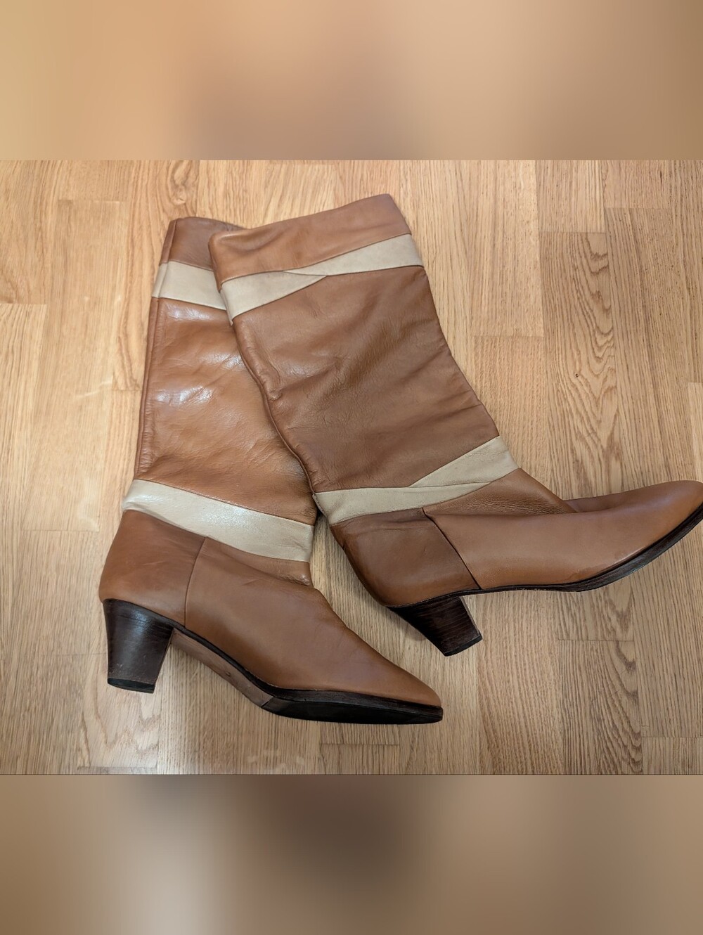 Vintage Bally Tan Leather Mid Length Boots with Cream Bands